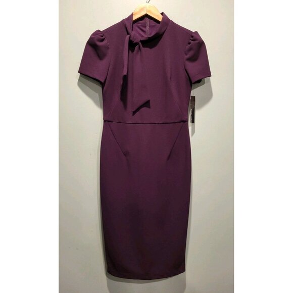 New Maggie London Purple Short Sleeve High Neck Bow Pencil Dress Sz 4 Office - Picture 1 of 7